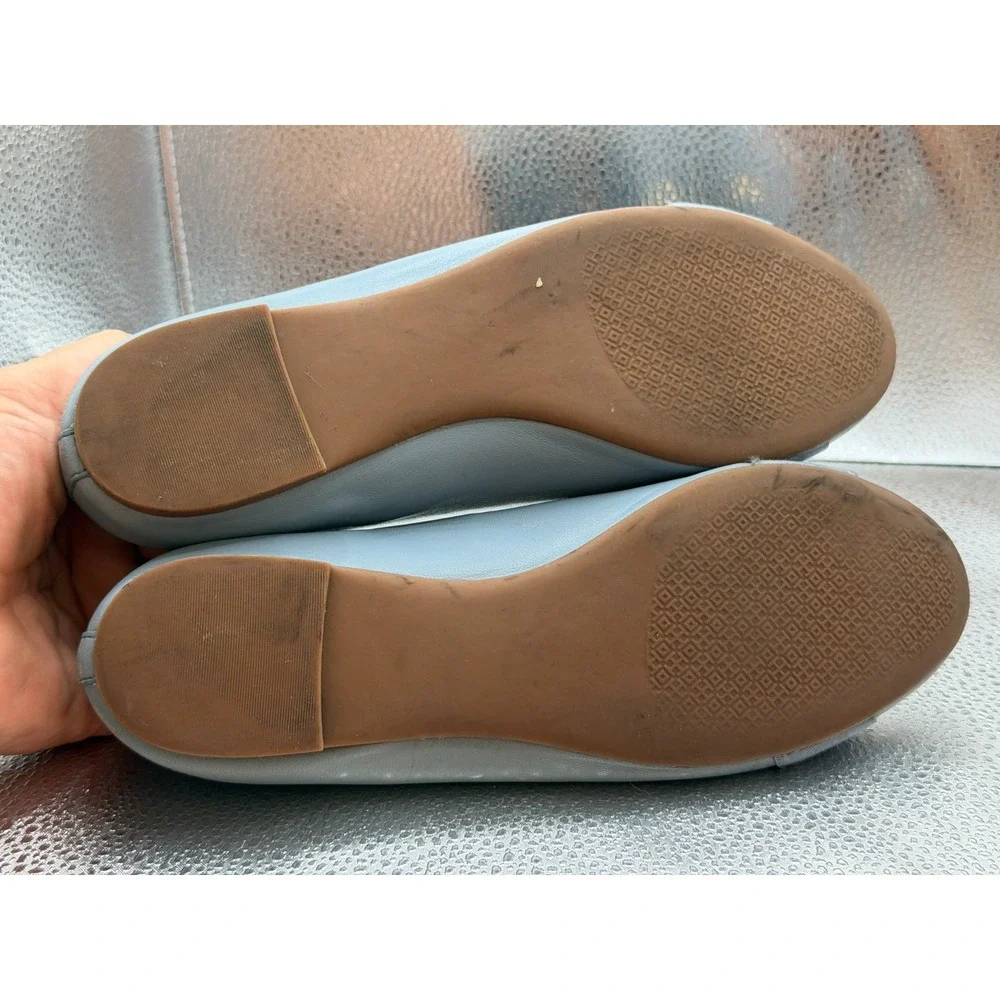 Size 6M Tory Burch Sedgewick Blue Womens Gold Logo Medallion Leather Ballet Flat